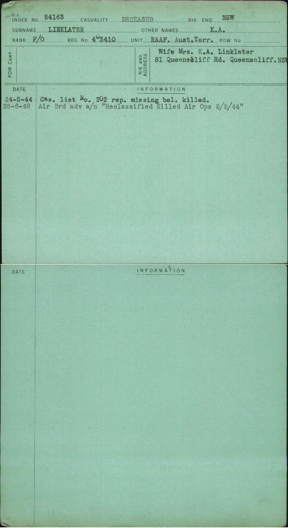 Linklater, K A, 403410