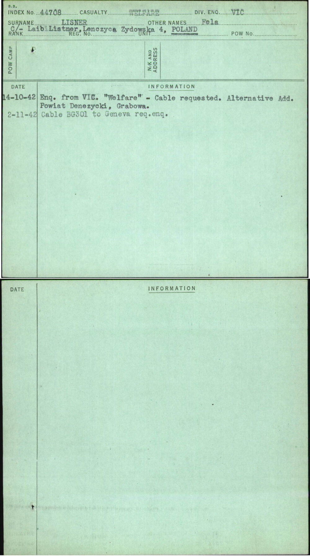 Lisner, Fela, [No Service Number]