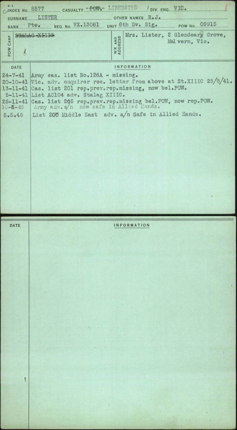 Lister, R J, VX13061