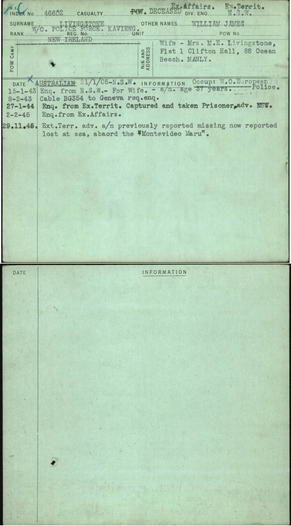 Livingstone, William James, [No Service Number]