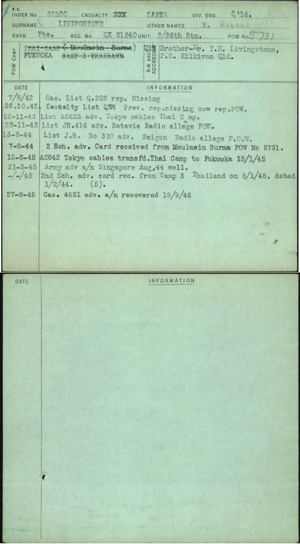 Livingstone, R Robert, QX21240