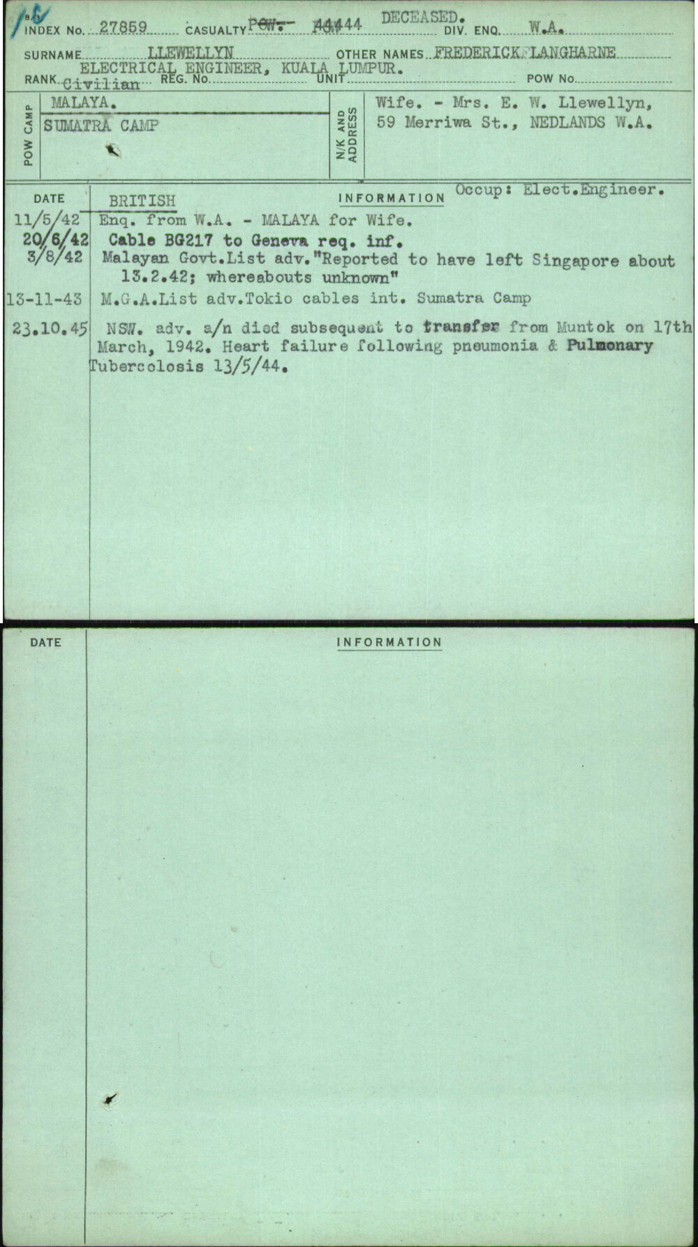 Llewellyn, Frederick Langharne, [No Service Number]