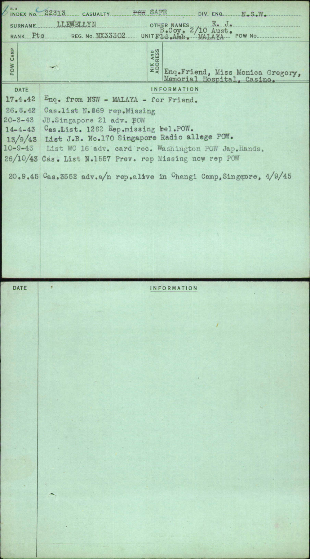 Llewellyn, E J, NX33302