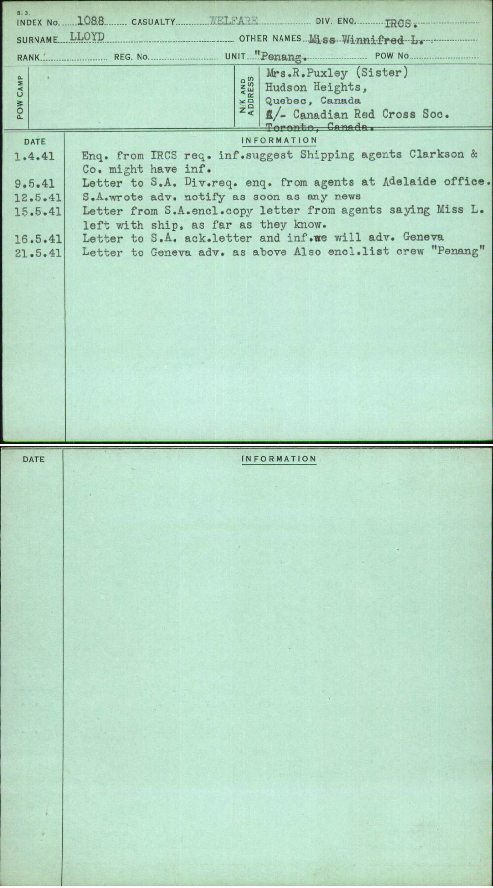 Lloyd, Miss Winnifred L, [No Service Number]