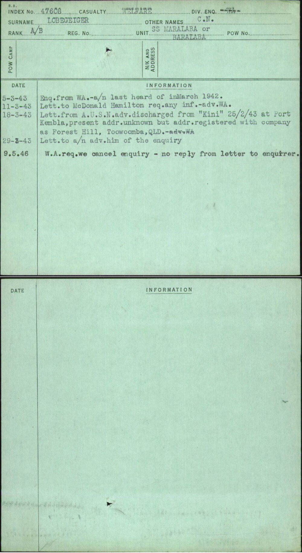 Lobegeiger, C N, [No Service Number]