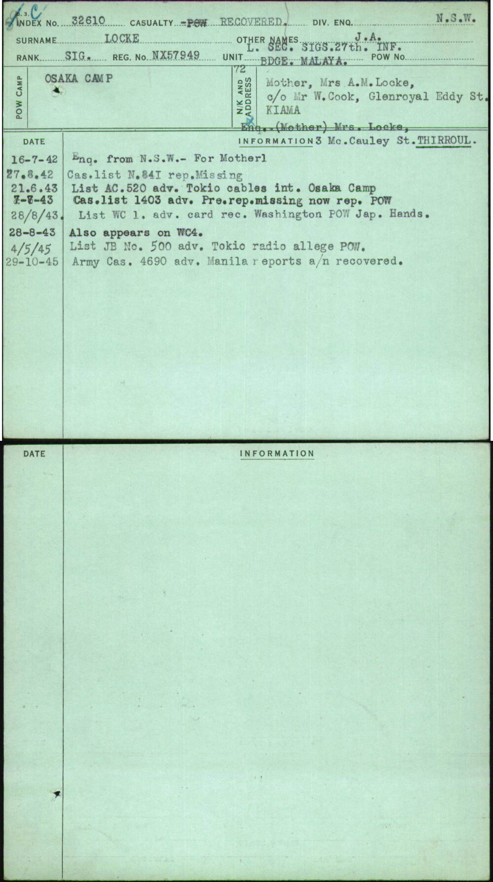 Locke, J A, NX57949