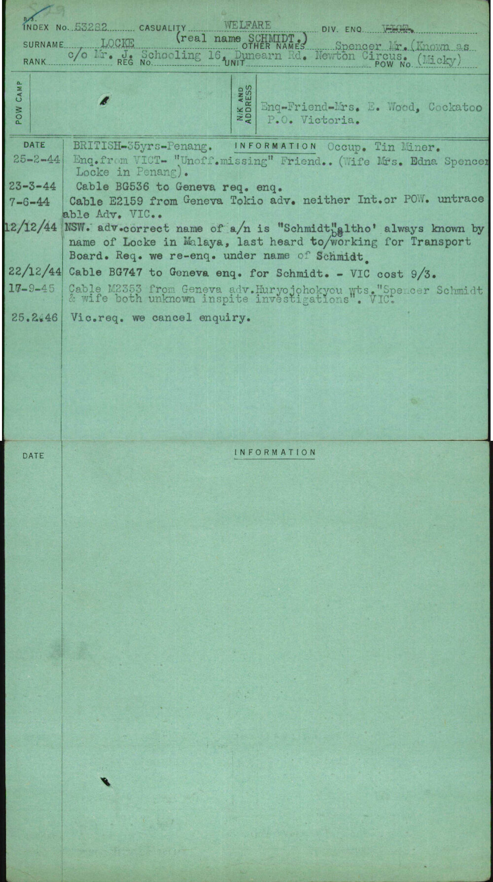 Locke (Real Name Schmidt), Spencer Mr (Known As Micky), [No Service Number]