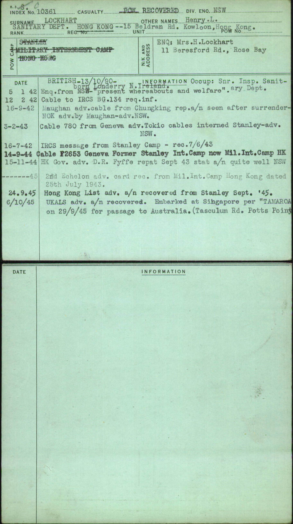 Lockhart, Henry L, [No Service Number]