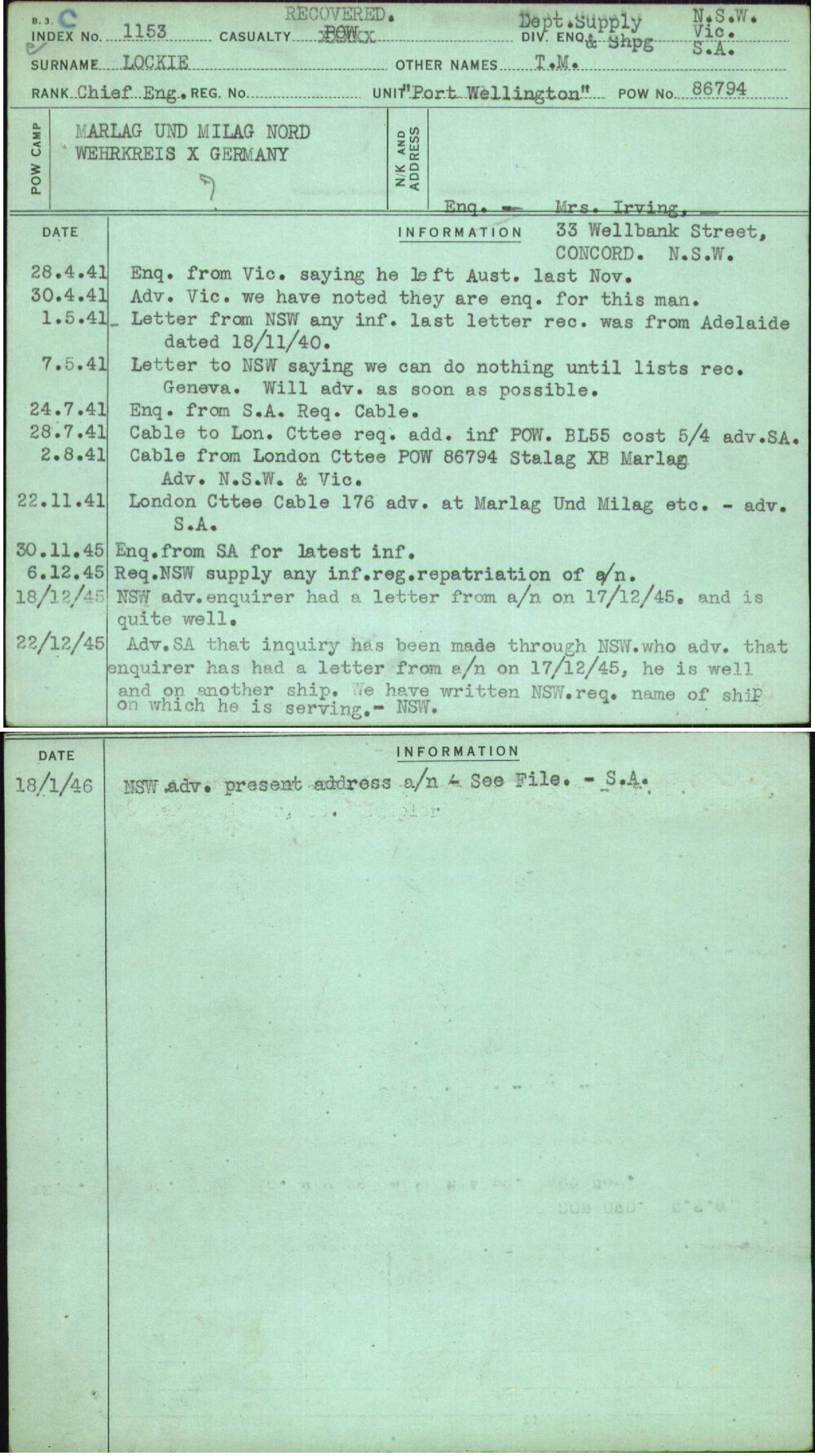 Lockie, T M, [No Service Number]