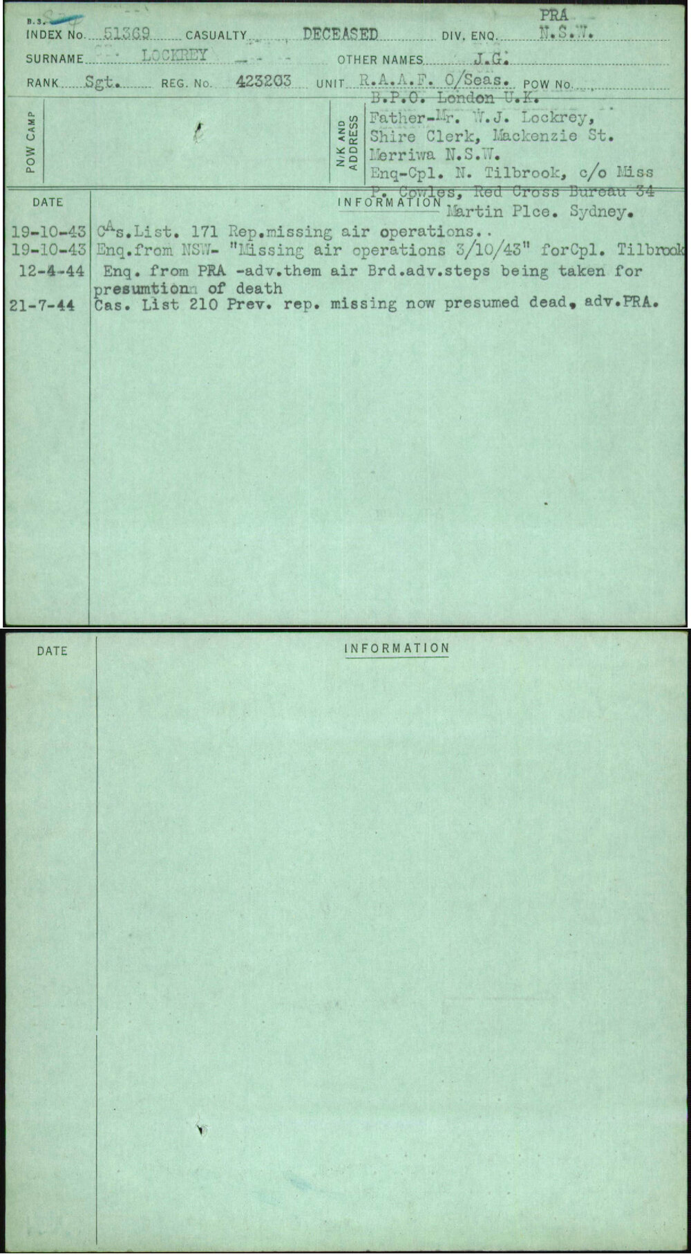 Lockrey, J G, 423203