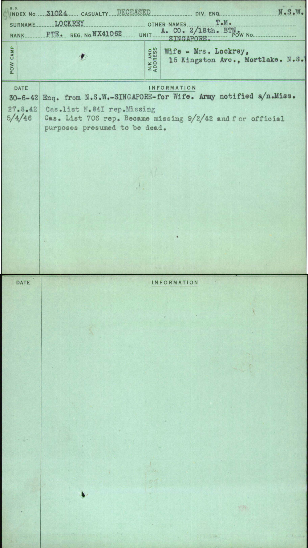 Lockrey, T M, NX41062