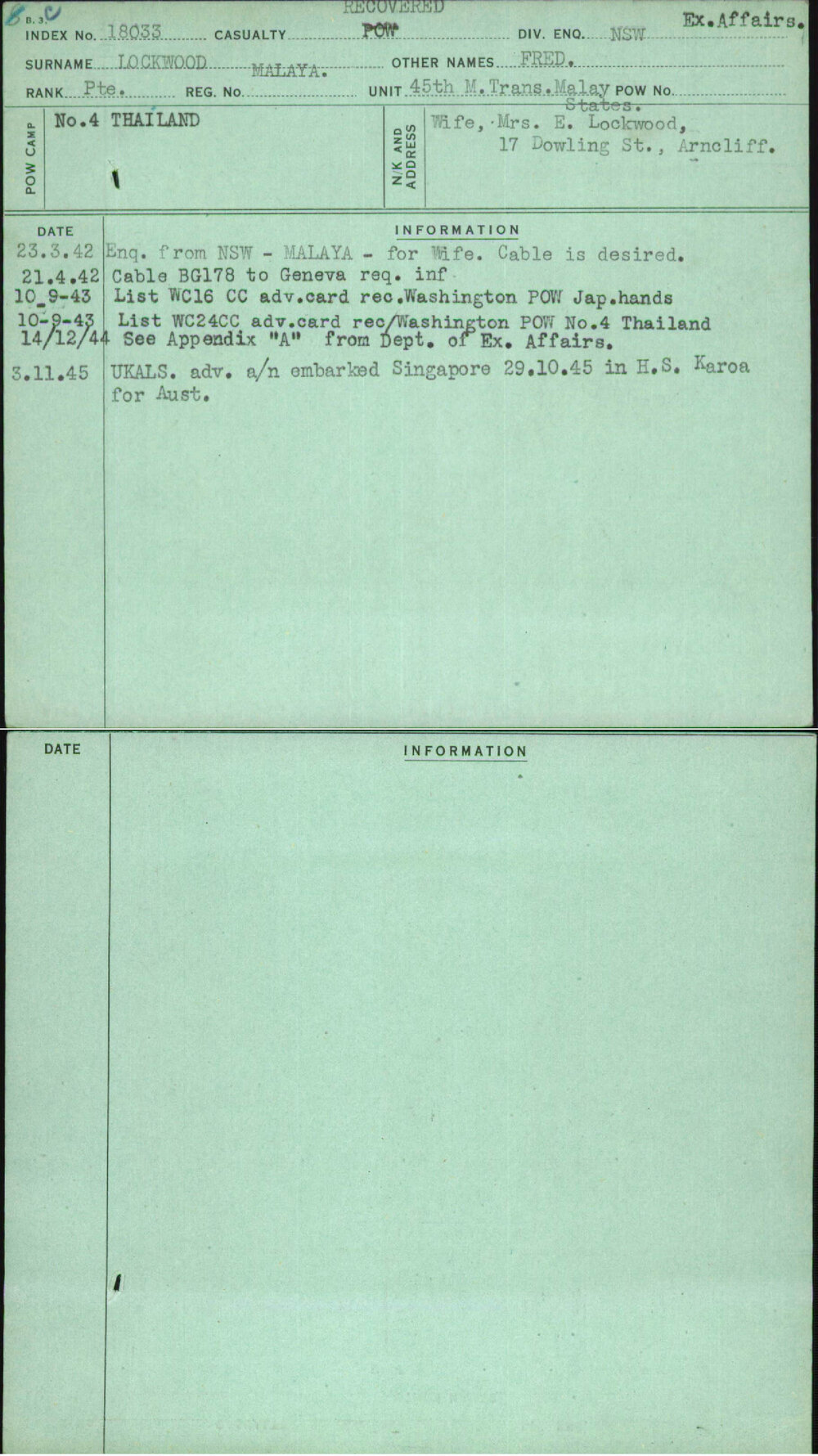 Lockwood, Fred, Malaya