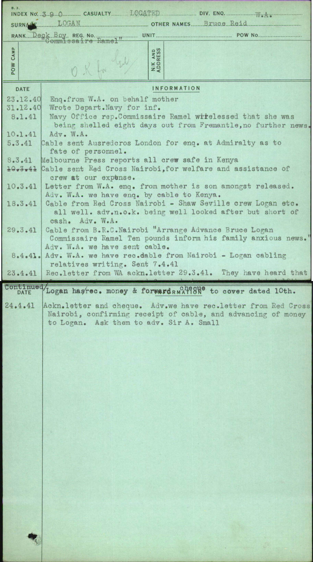 Logan, Bruce Reid, [No Service Number]