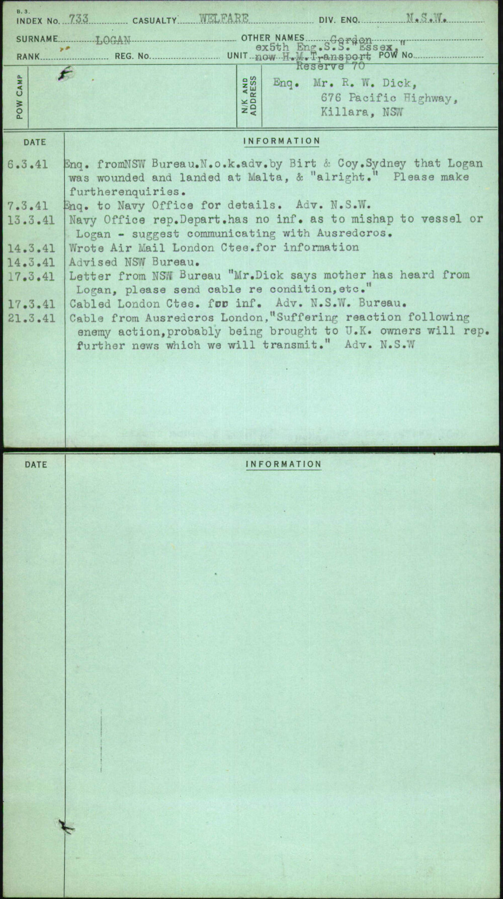 Logan, Gordon, [No Service Number]