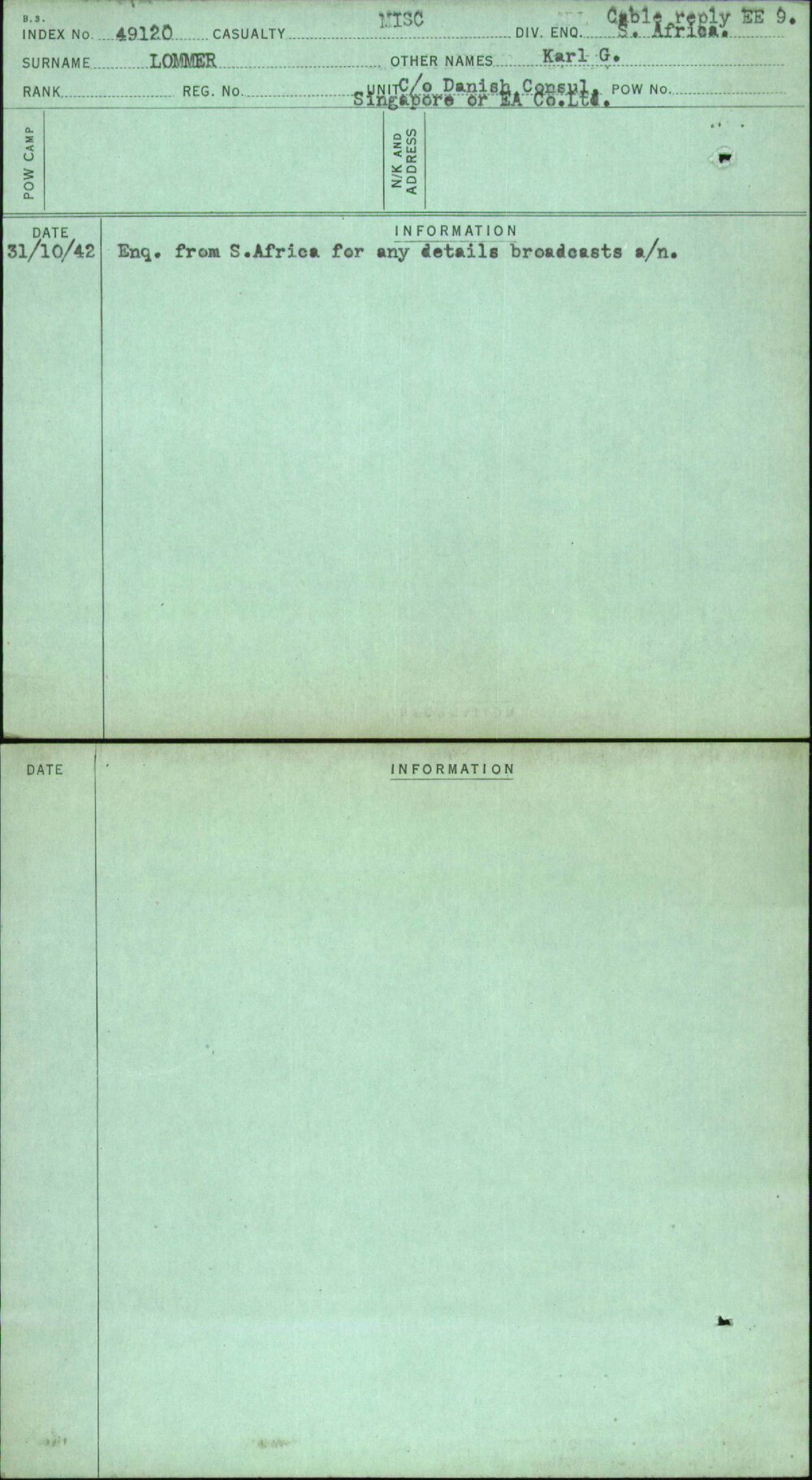 Lommer, Karl G, [No Service Number]