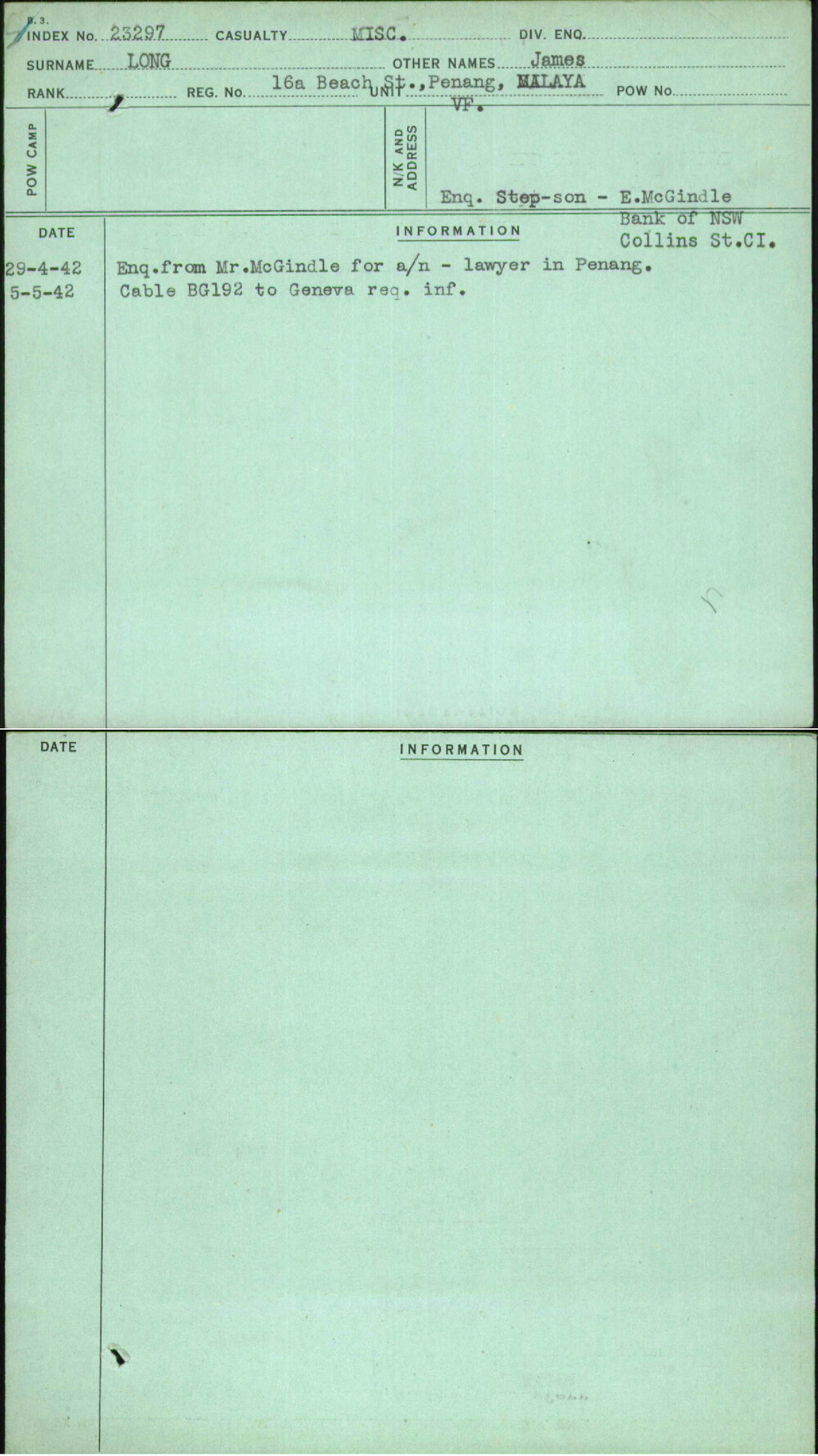 Long, James, 16A Beach St Penang Malaya