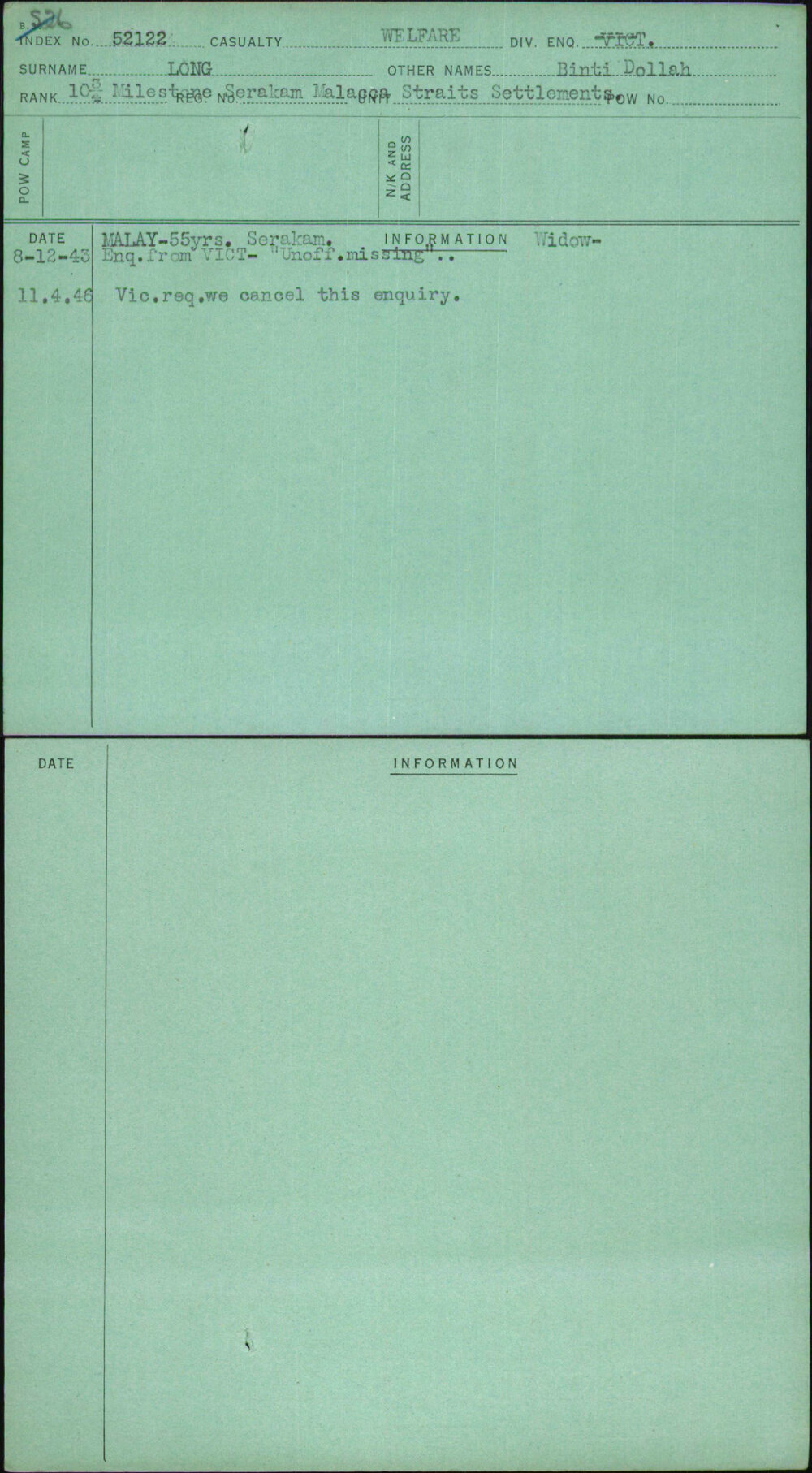 Long, Binti Dollah, [No Service Number]