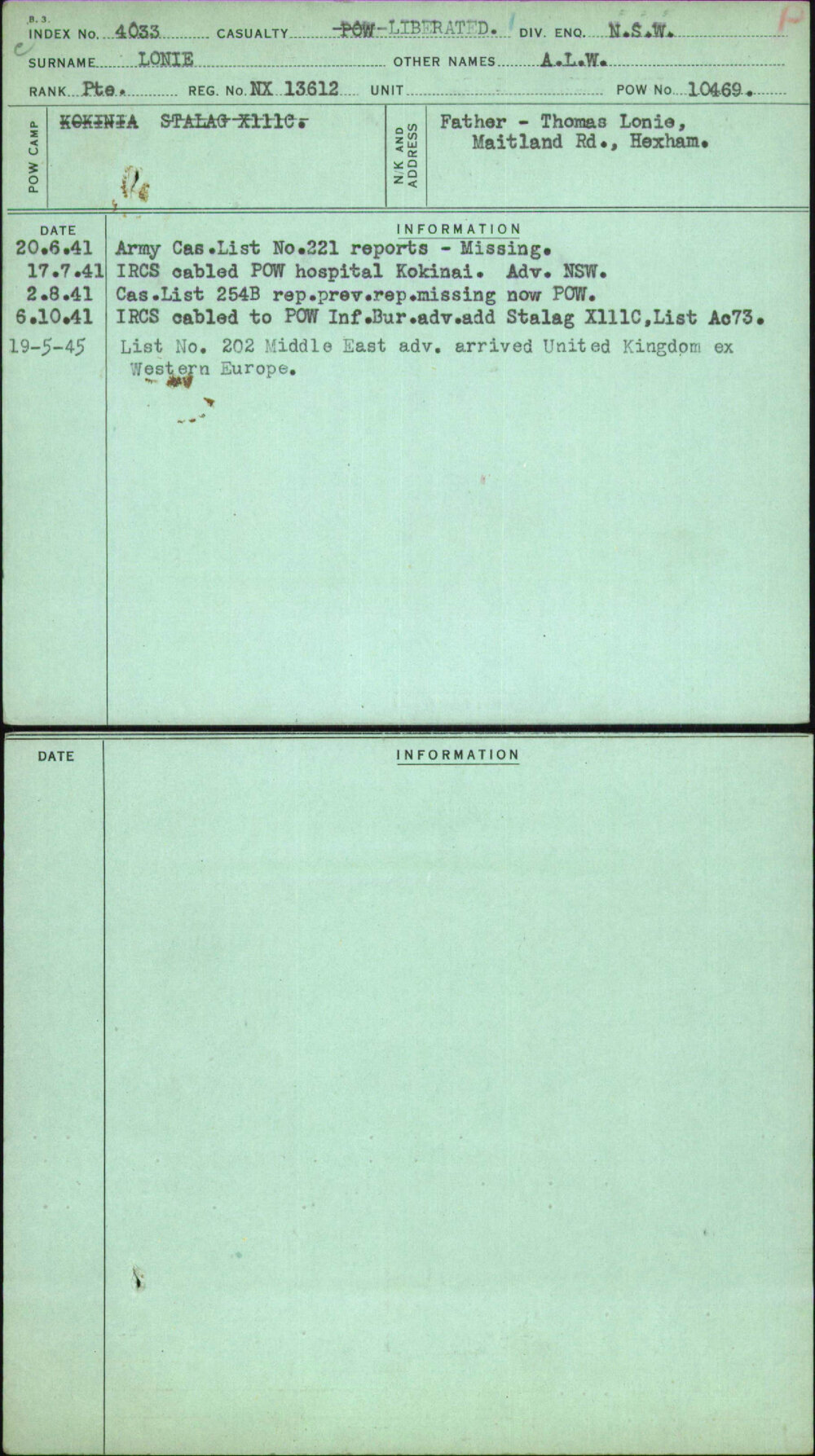 Lonie, A L W, NX13612