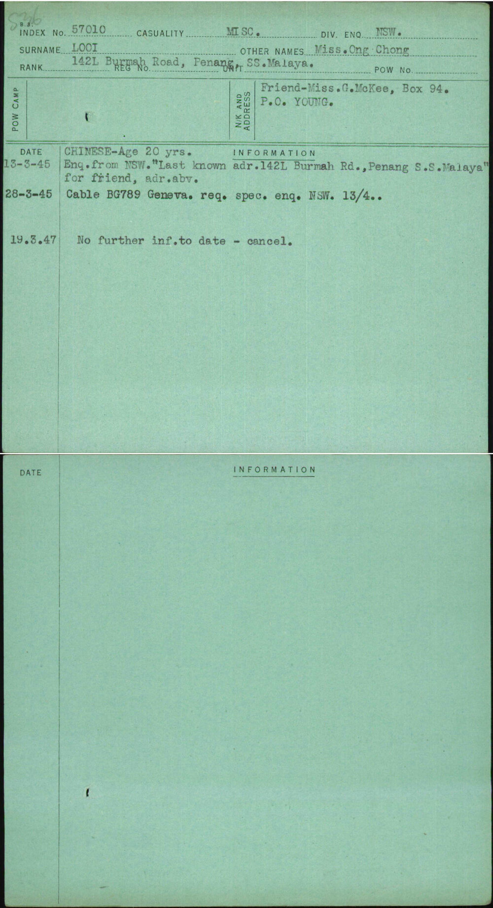 Looi, Miss Ong Chong, [No Service Number]