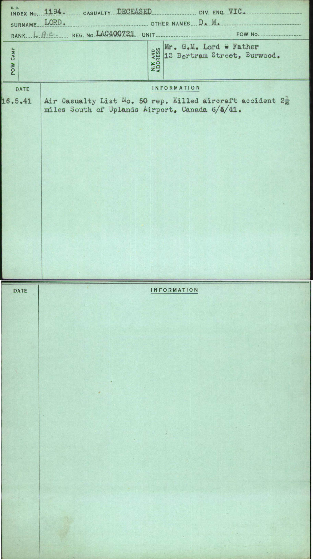 Lord, D M, Lac400721