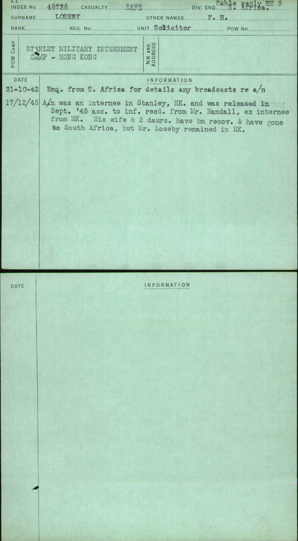 Loseby, F H, [No Service Number]