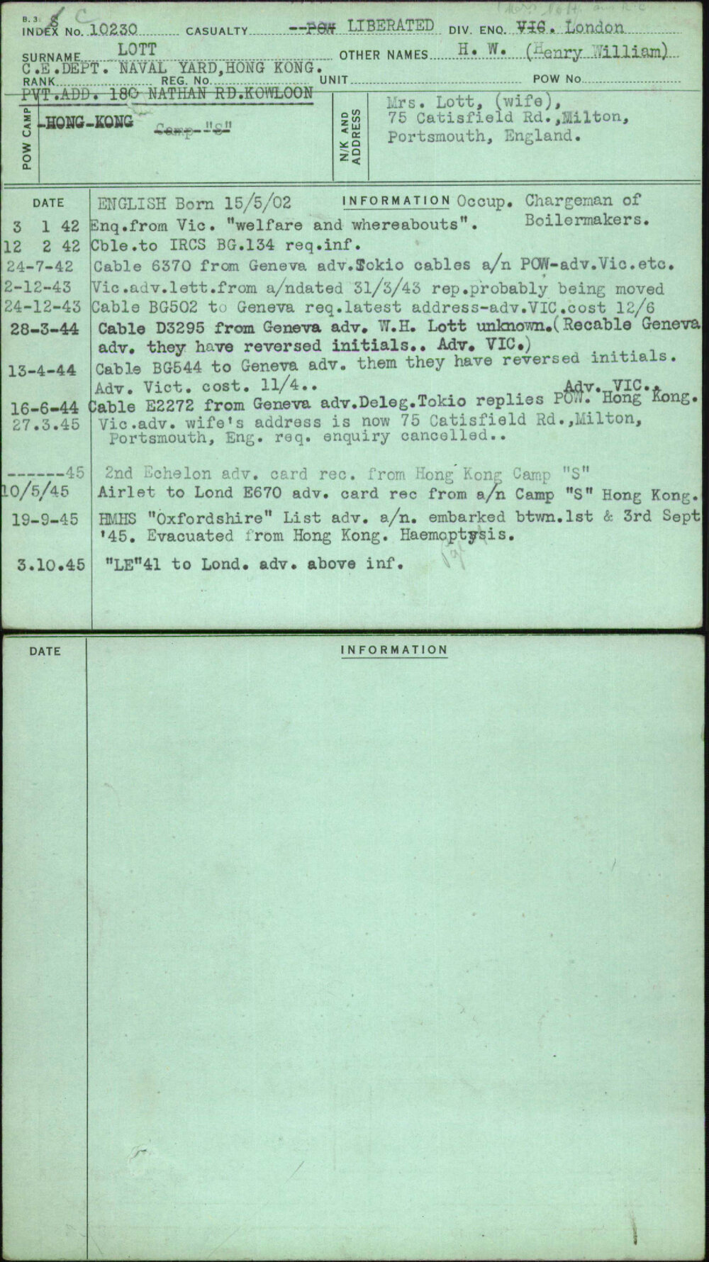 Lott, H W (Henry William), [No Service Number]