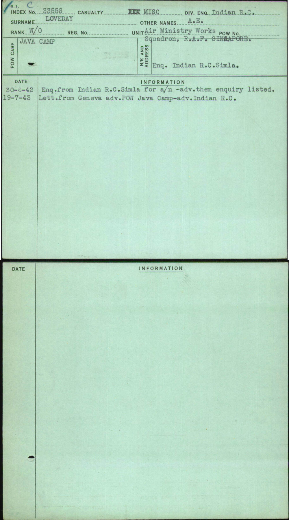 Loveday, A E, [No Service Number]