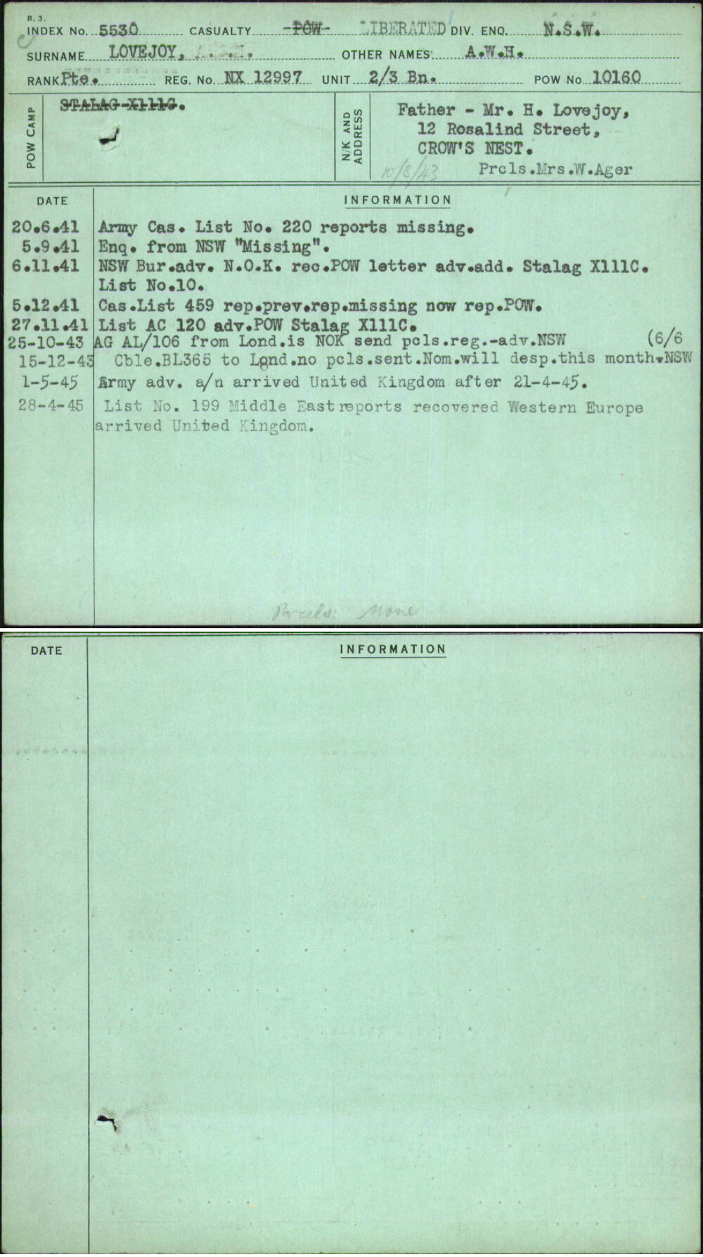 Lovejoy, A W H, NX12997