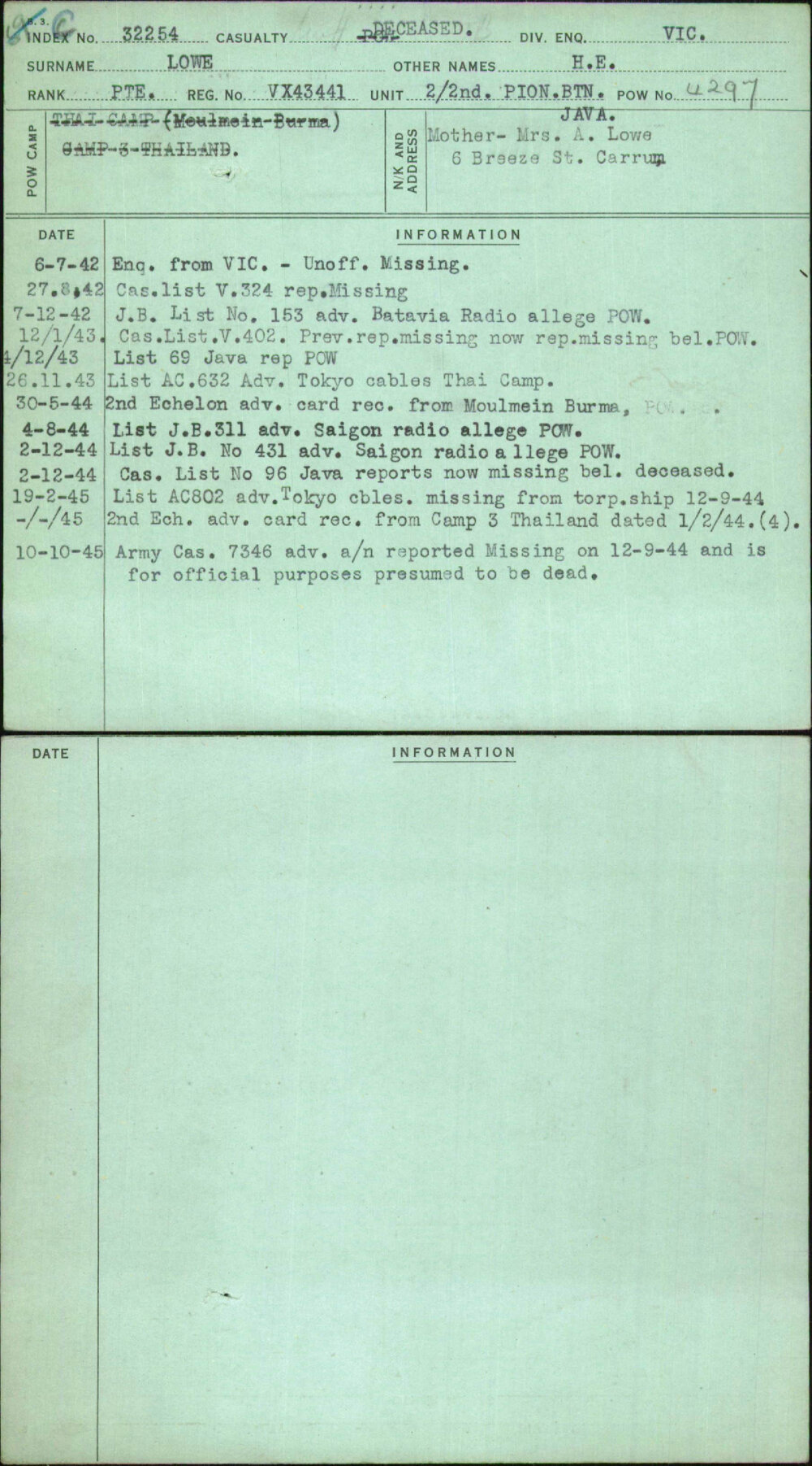 Lowe, H E, VX43441