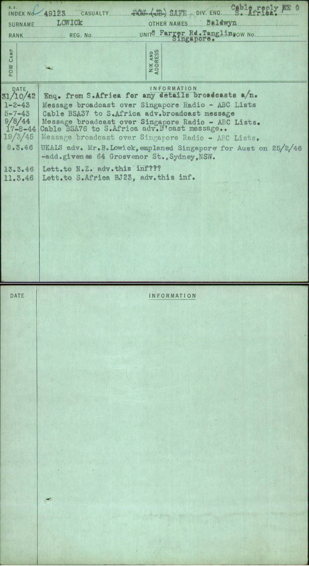Lowick, Baldwyn, [No Service Number]