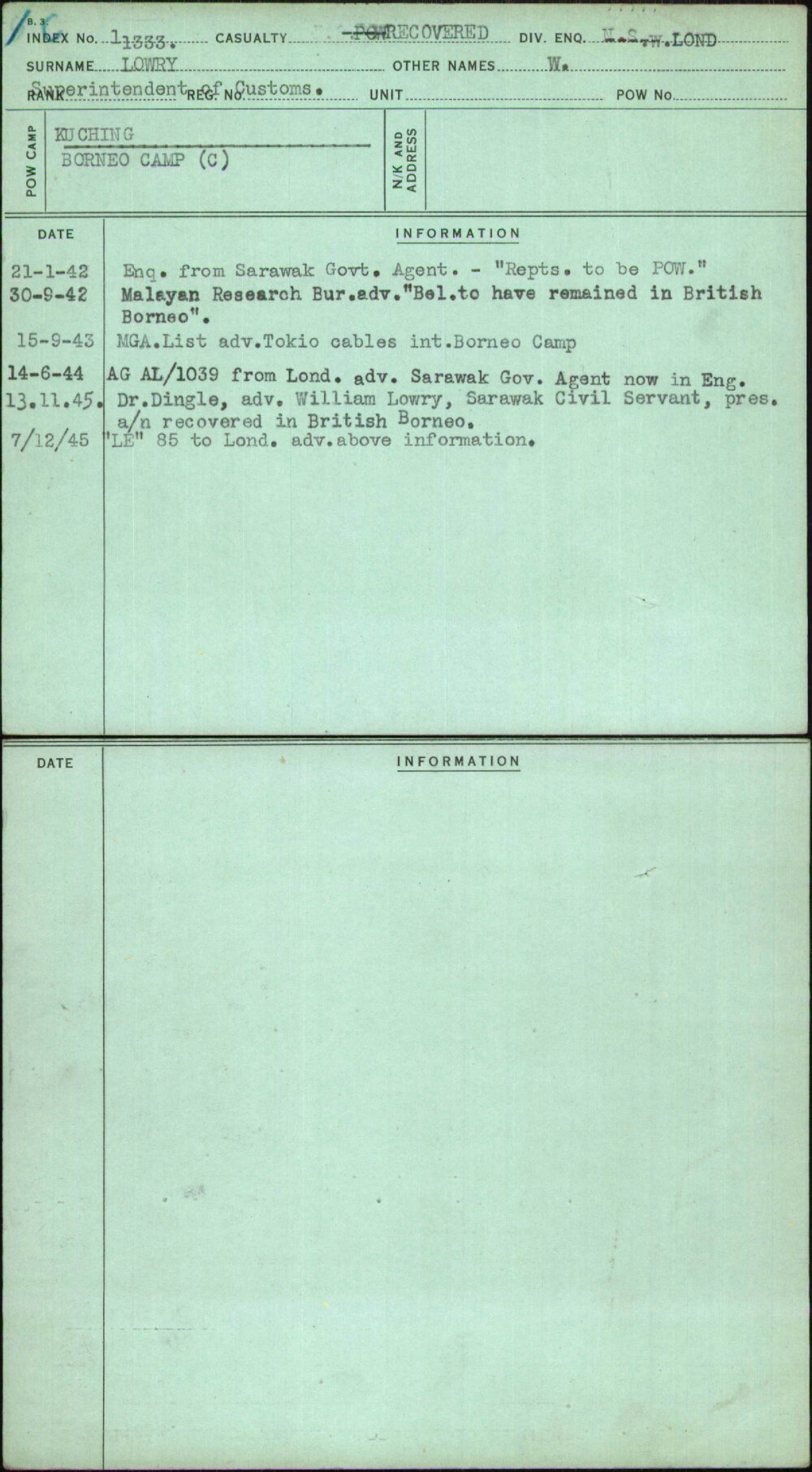 Lowry, W, [No Service Number]