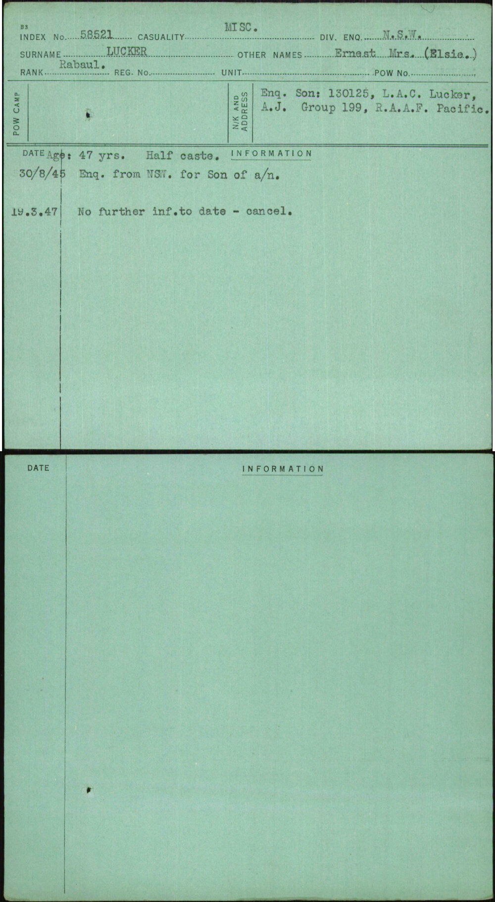 Lucker, Ernest Mrs (Elsie), [No Service Number]