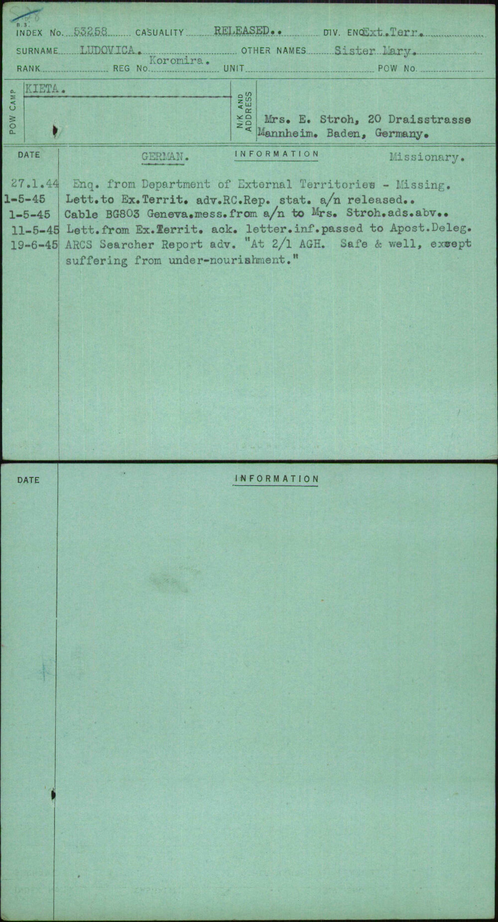 Ludovica, Sister Mary, Koromira