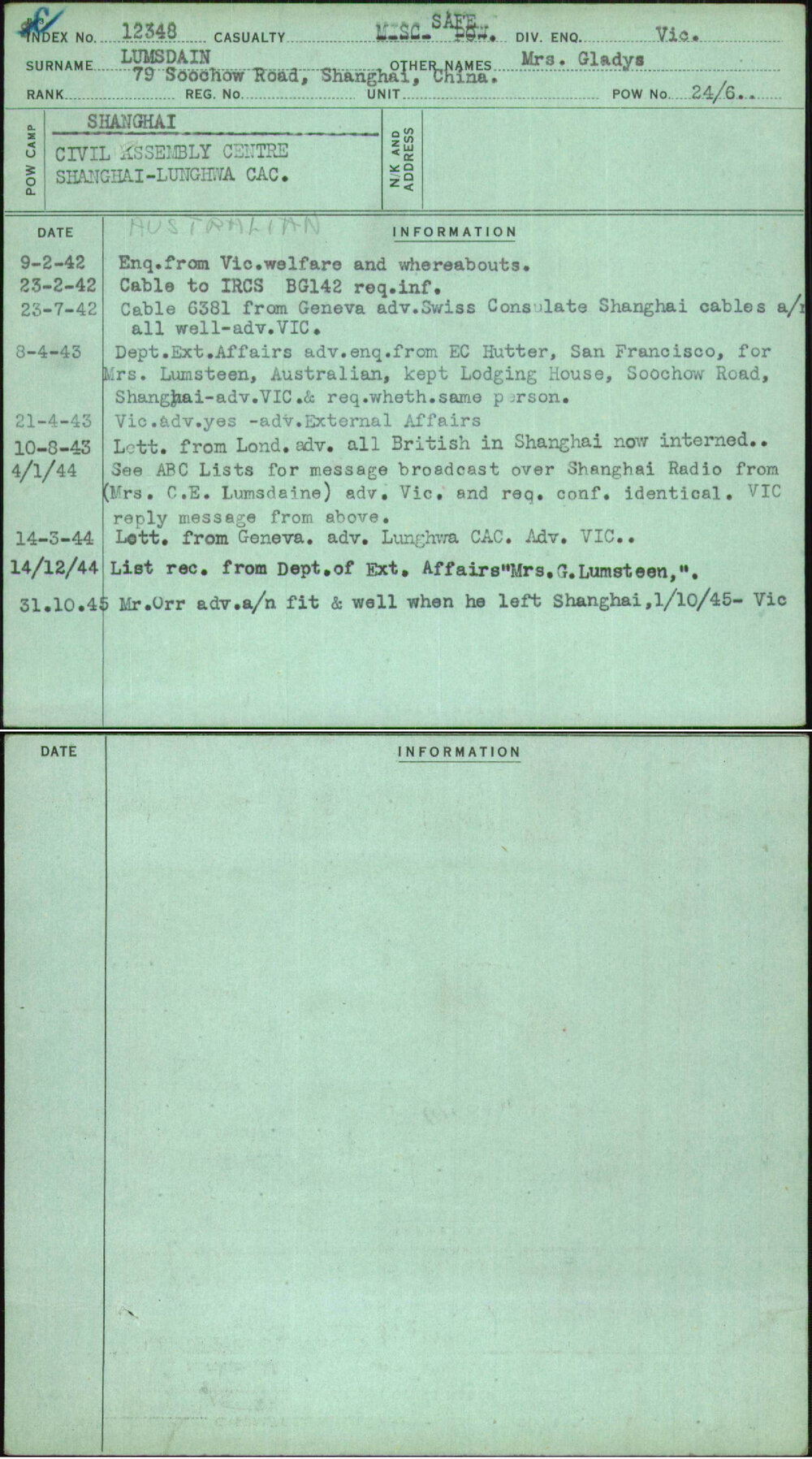 Lumsdain, Mrs Gladys, [No Service Number]