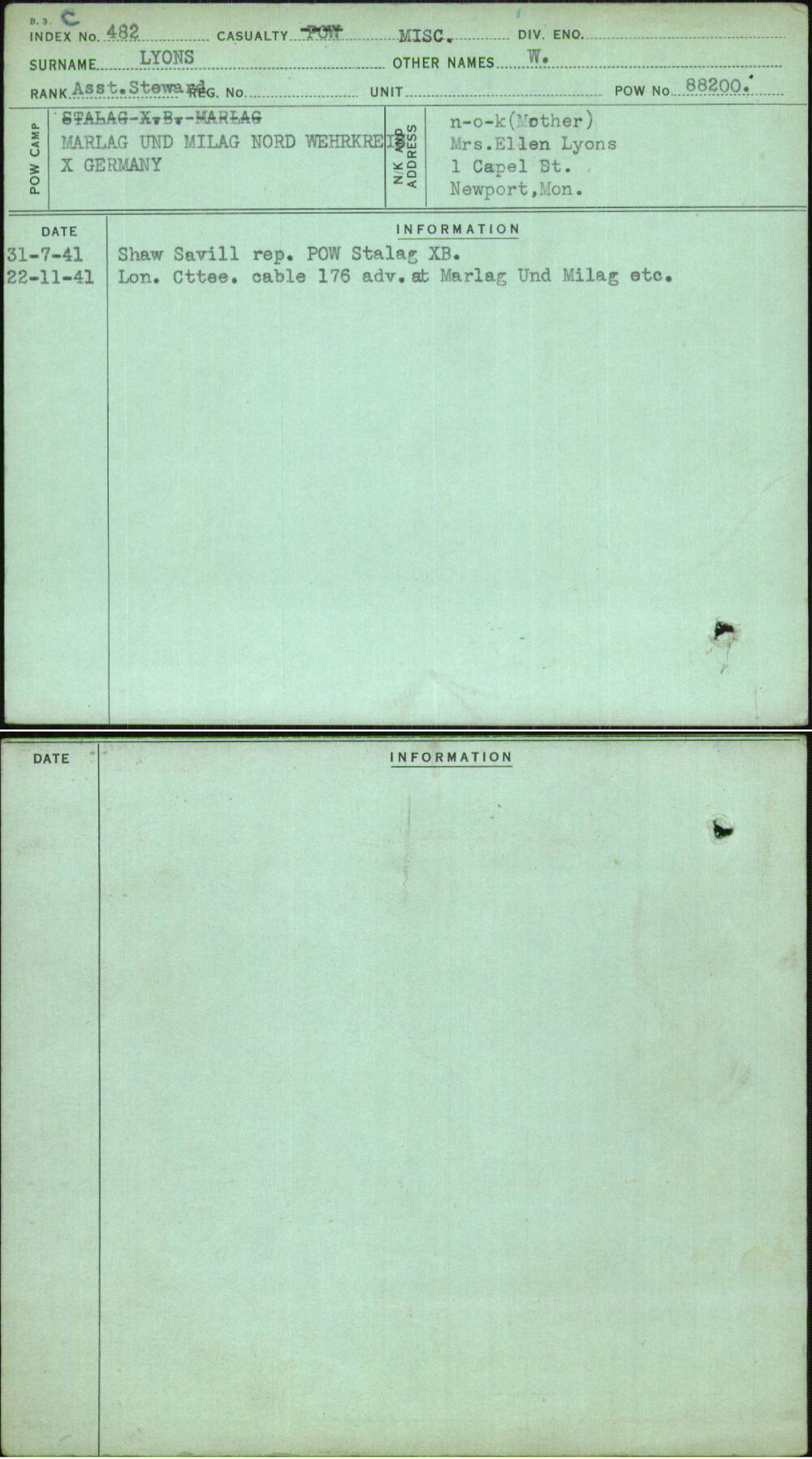 Lyons, W, [No Service Number]