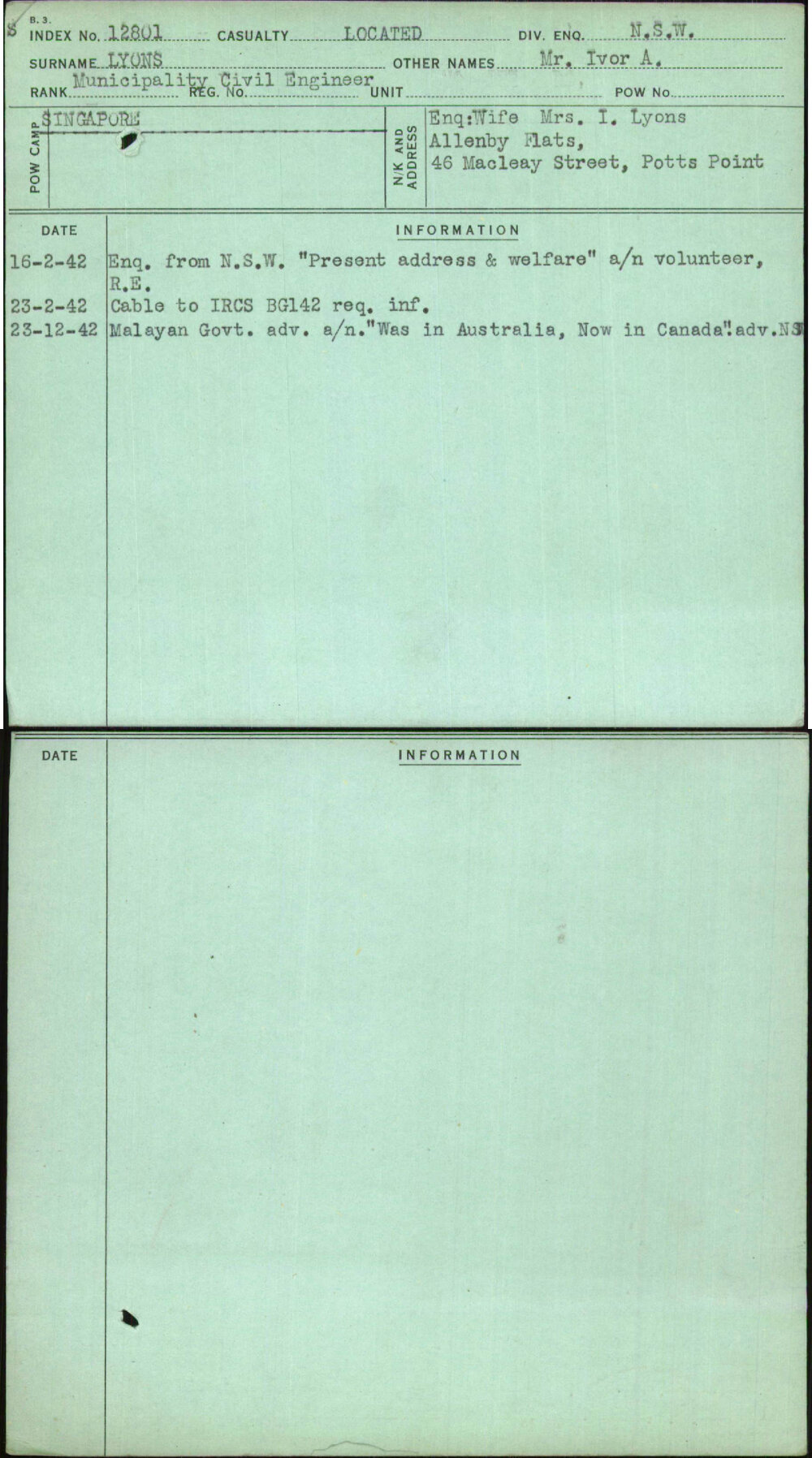 Lyons, Mr Ivor A, [No Service Number]