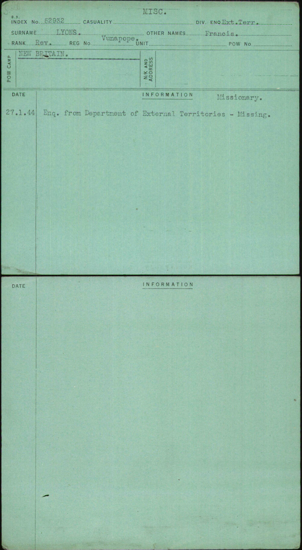 Lyons, Francis, Vunapope