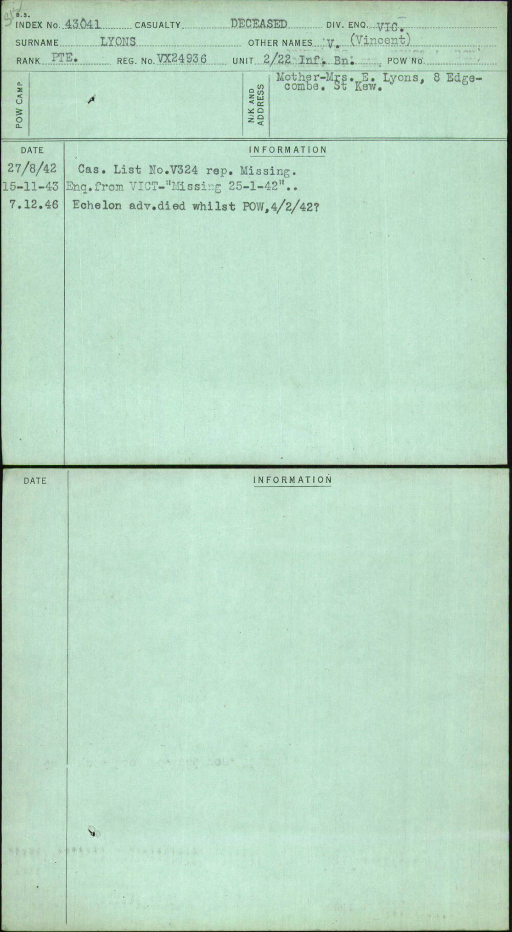 Lyons, V (Vincent), VX24936