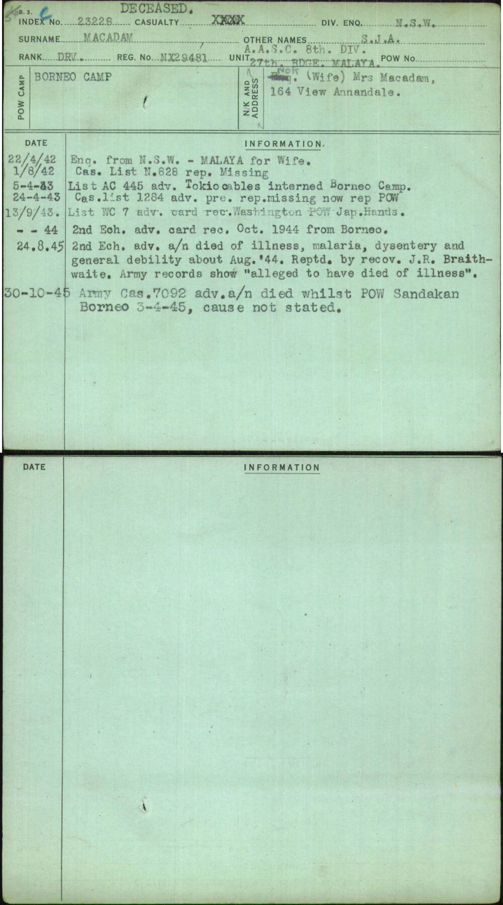 Macadam, S J A, NX29481