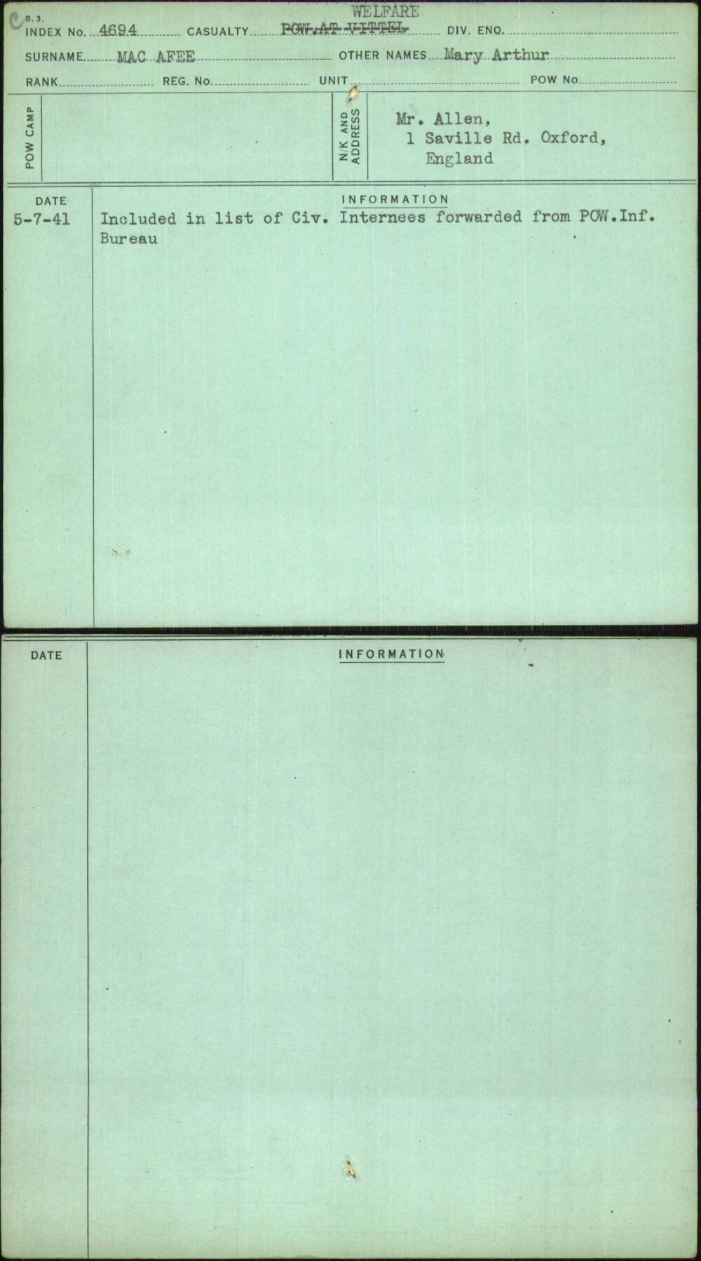 Macafee, Mary Arthur, [No Service Number]