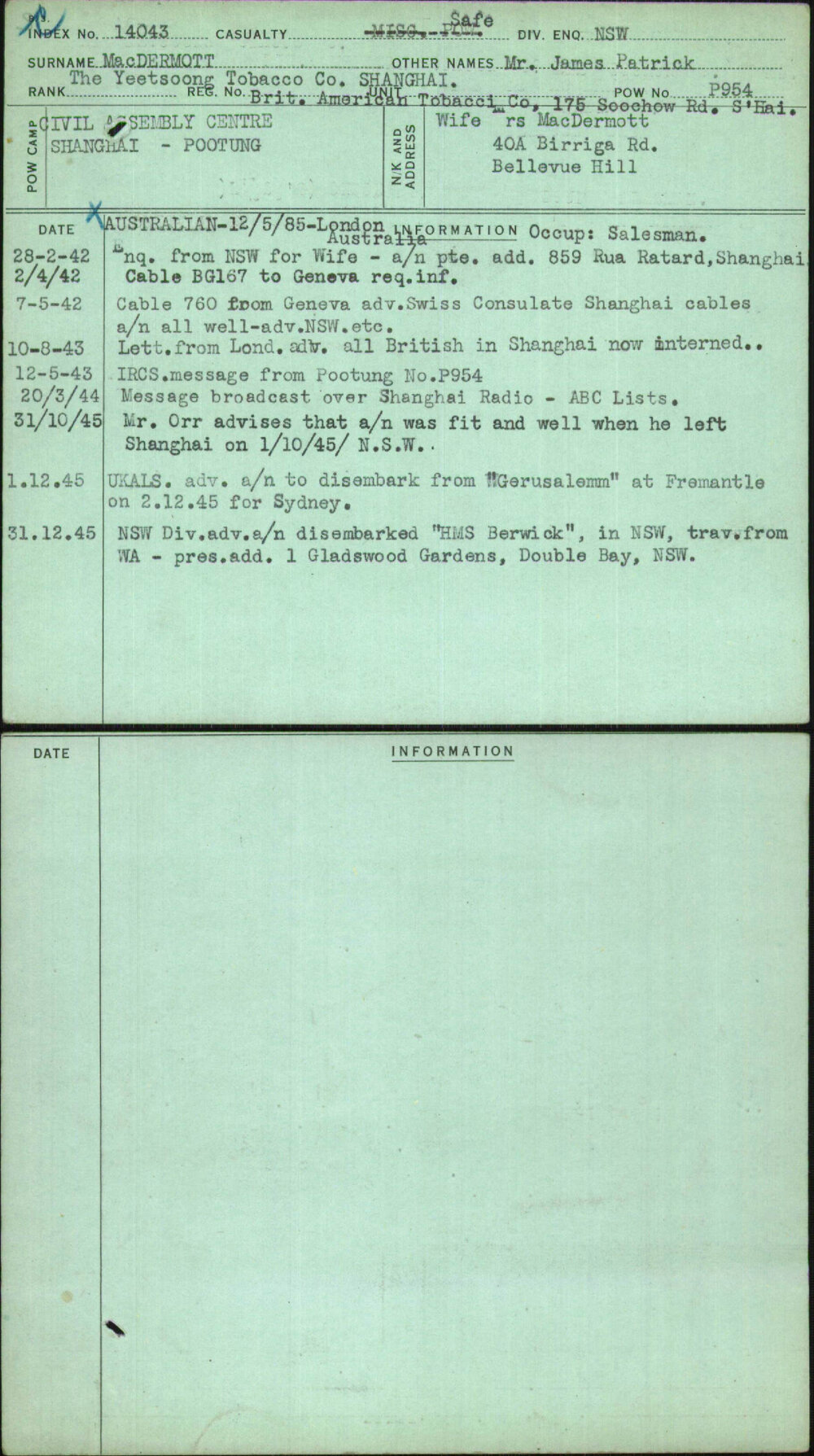 Macdermott, Mr James Patrick, [No Service Number]