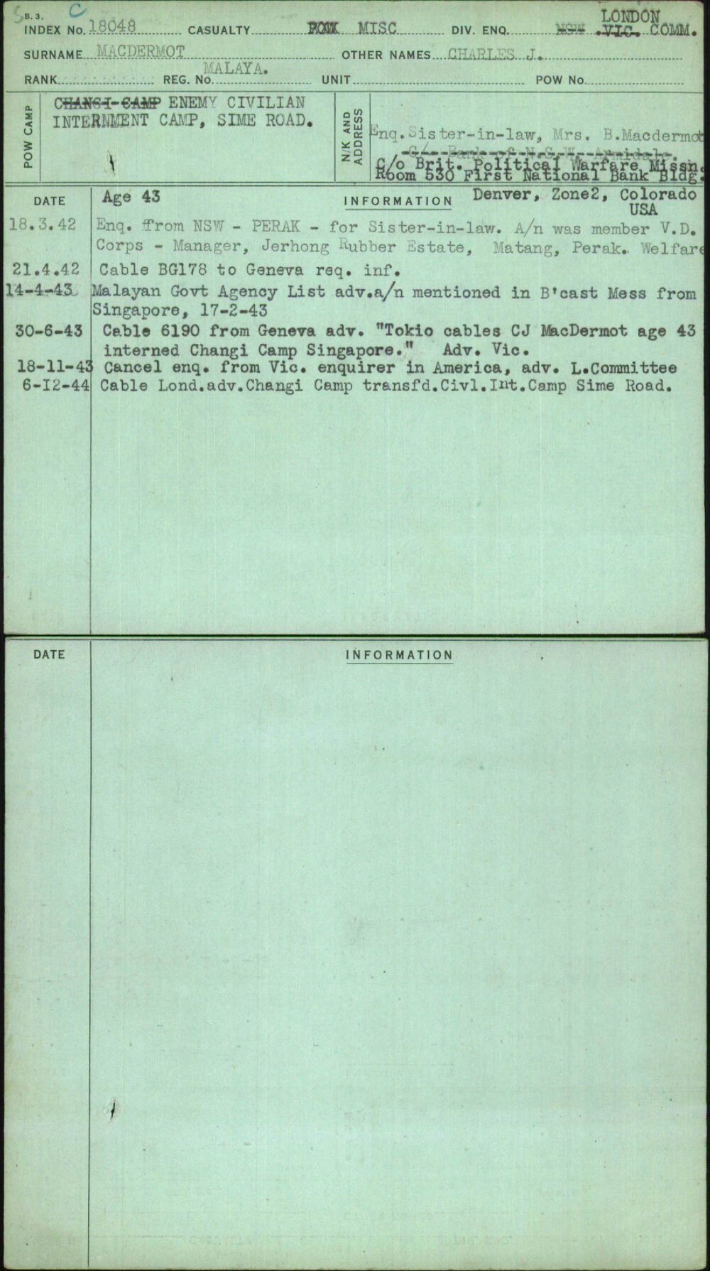 Macdermot, Charles J, Malaya