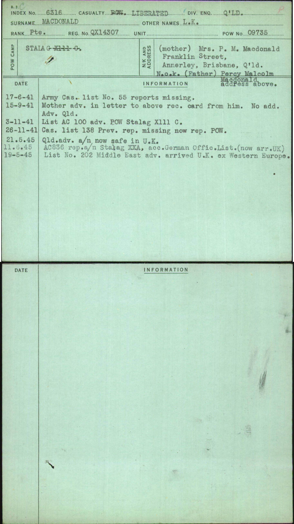 Macdonald, L K, QX14307