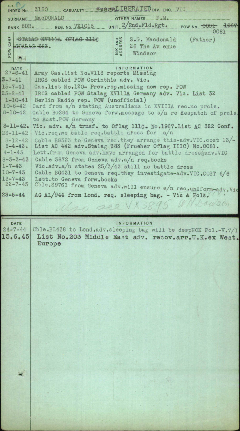 Macdonald, F M, VX1015