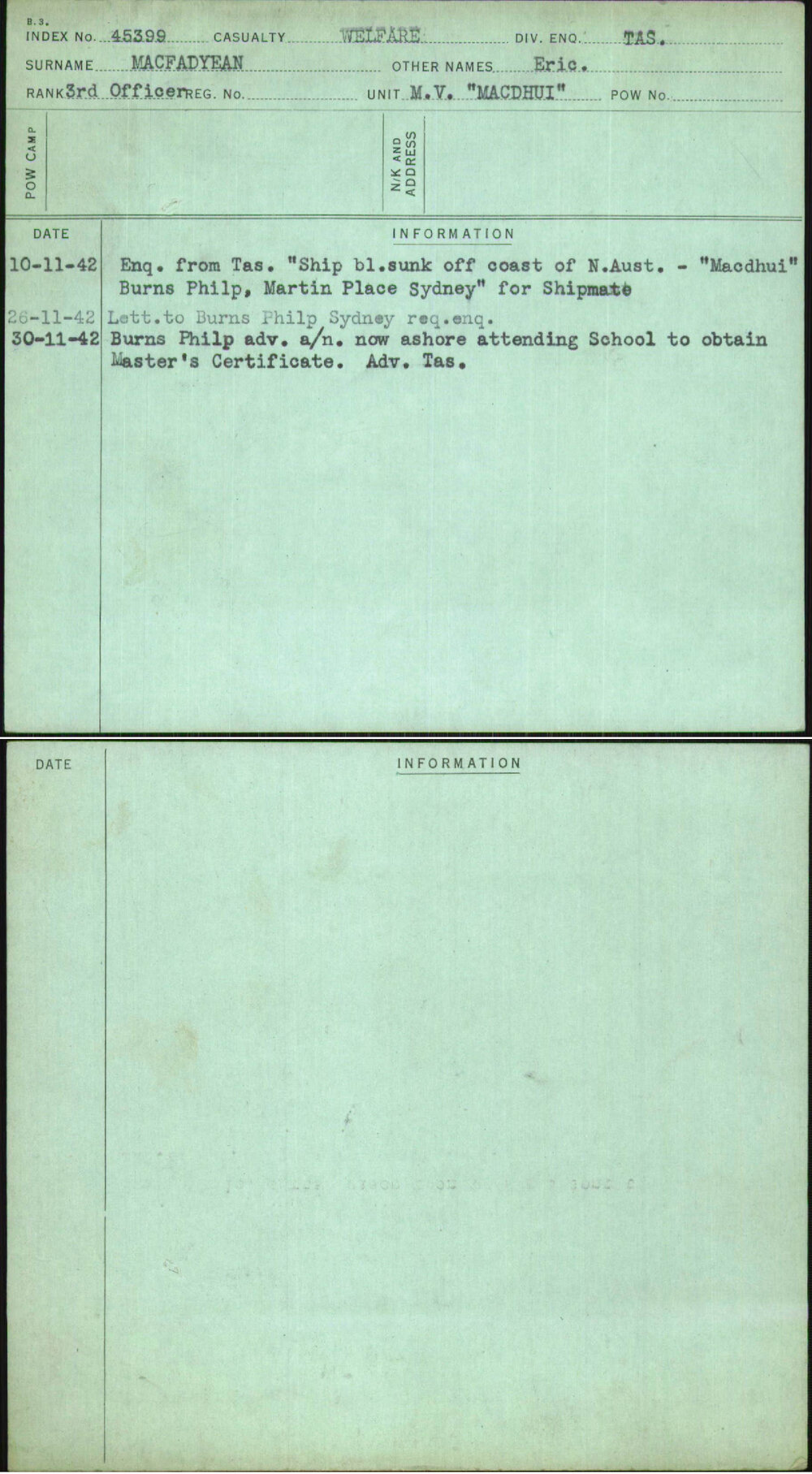 Macfadyean, Eric, [No Service Number]