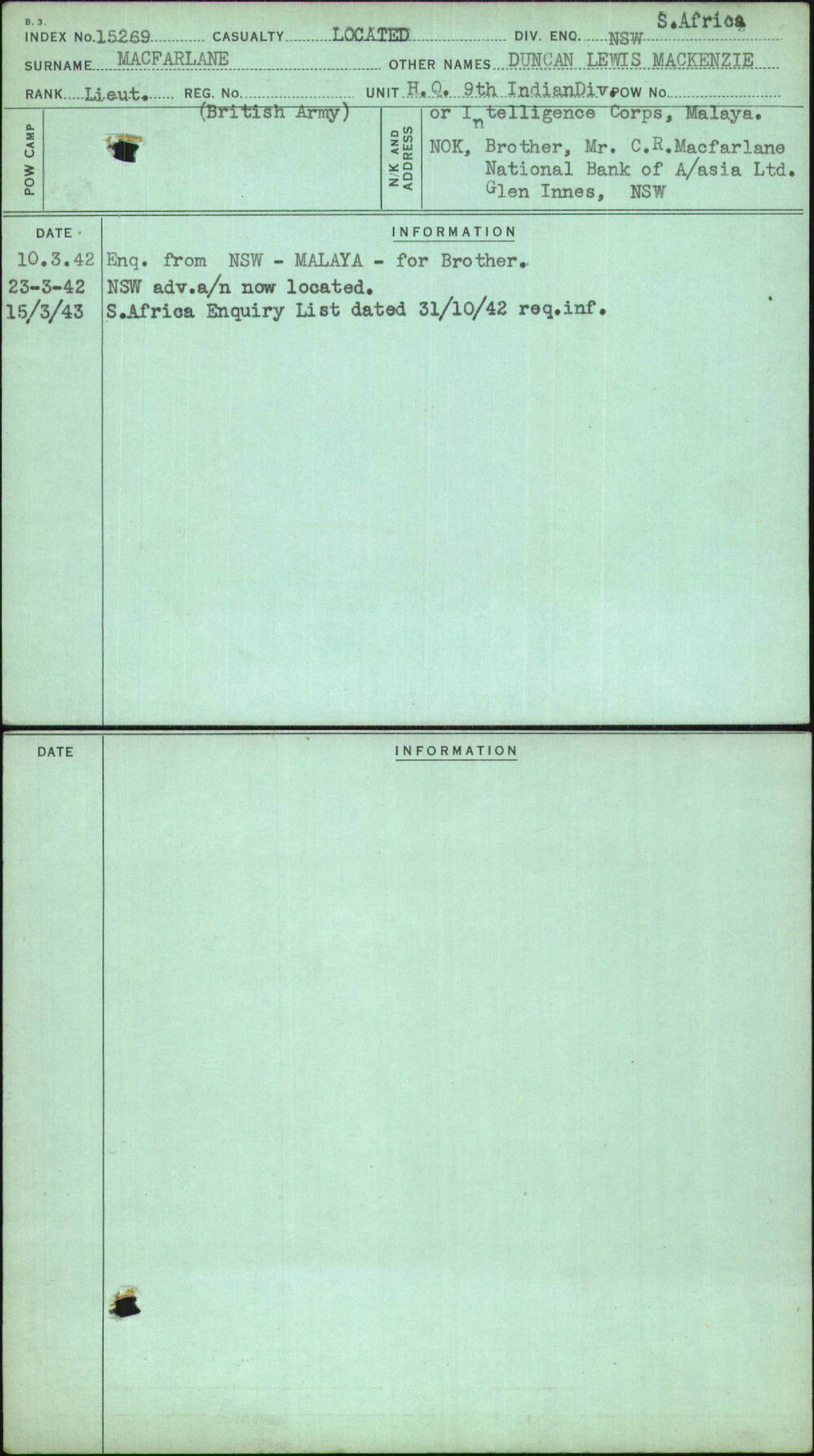 Macfarlane, Duncan Lewis Mackenzie, [No Service Number]