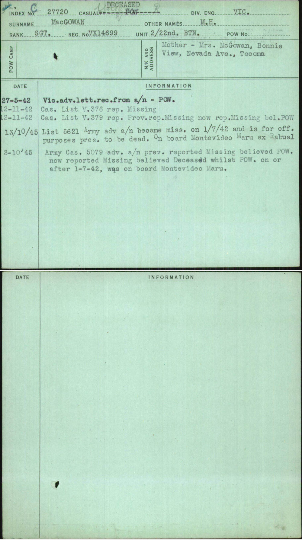 Macgowan, M H, VX14699