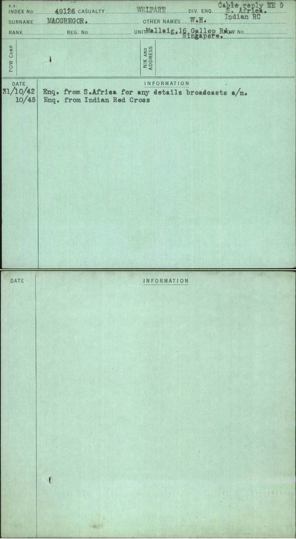 Macgregor, W H, [No Service Number]