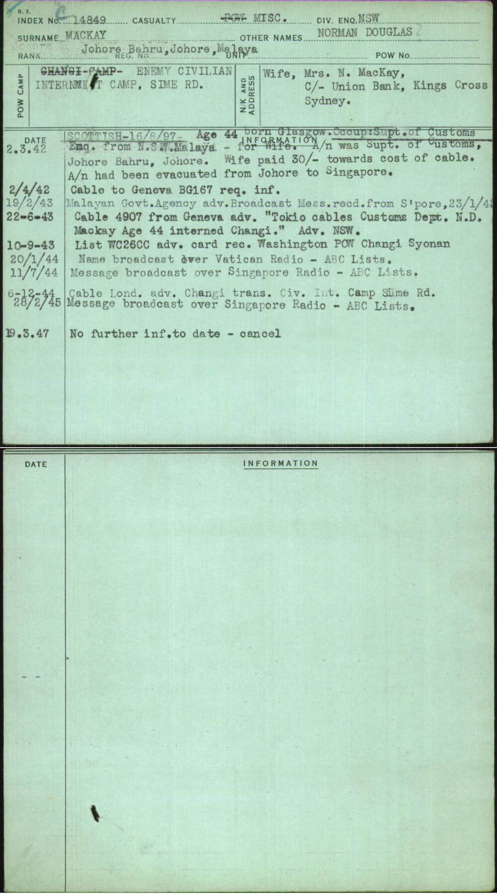 Mackay, Norman Douglas, Johore Bahru Johore Malaya