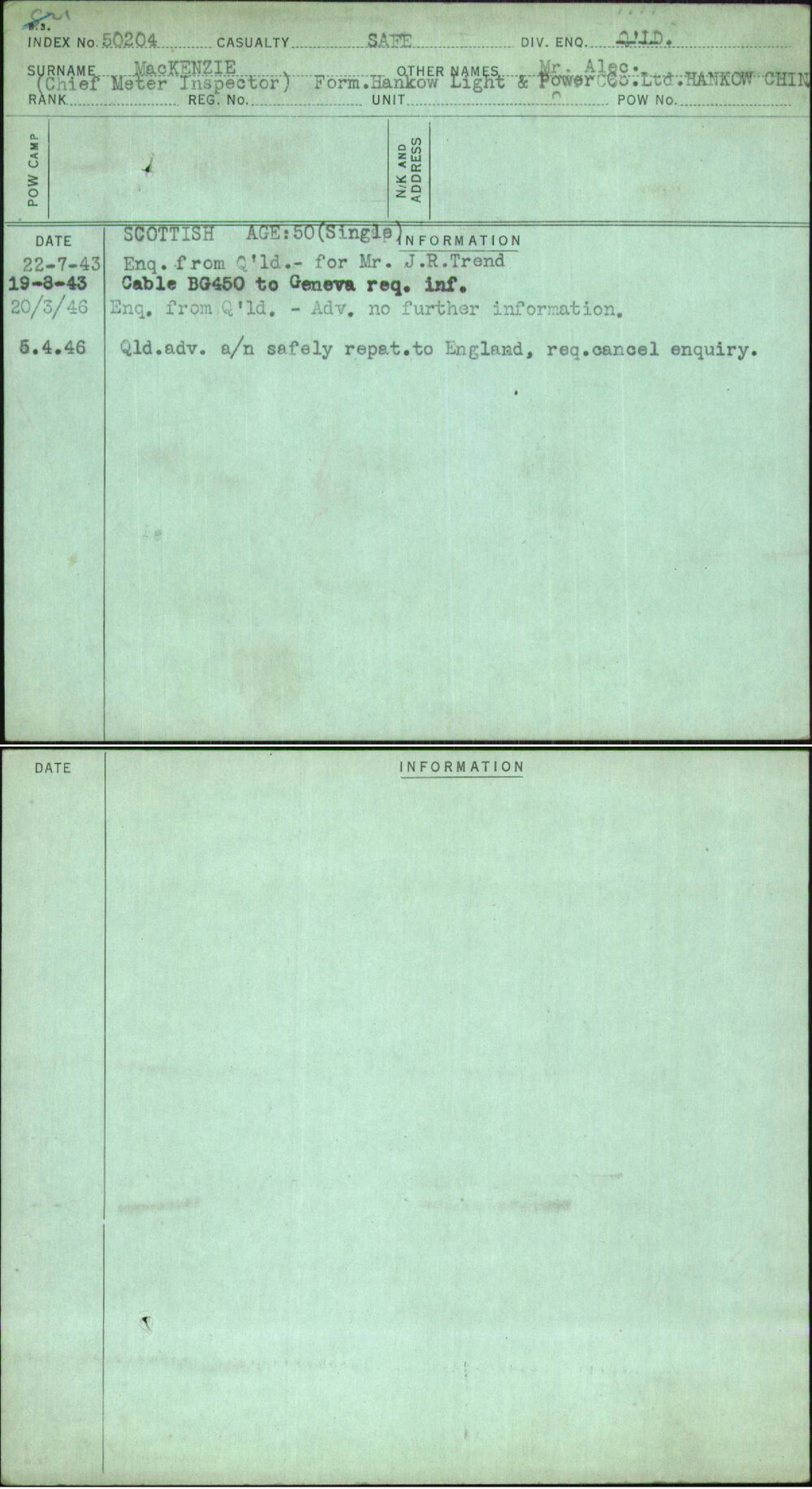 Mackenzie, Mr Alec, [No Service Number]